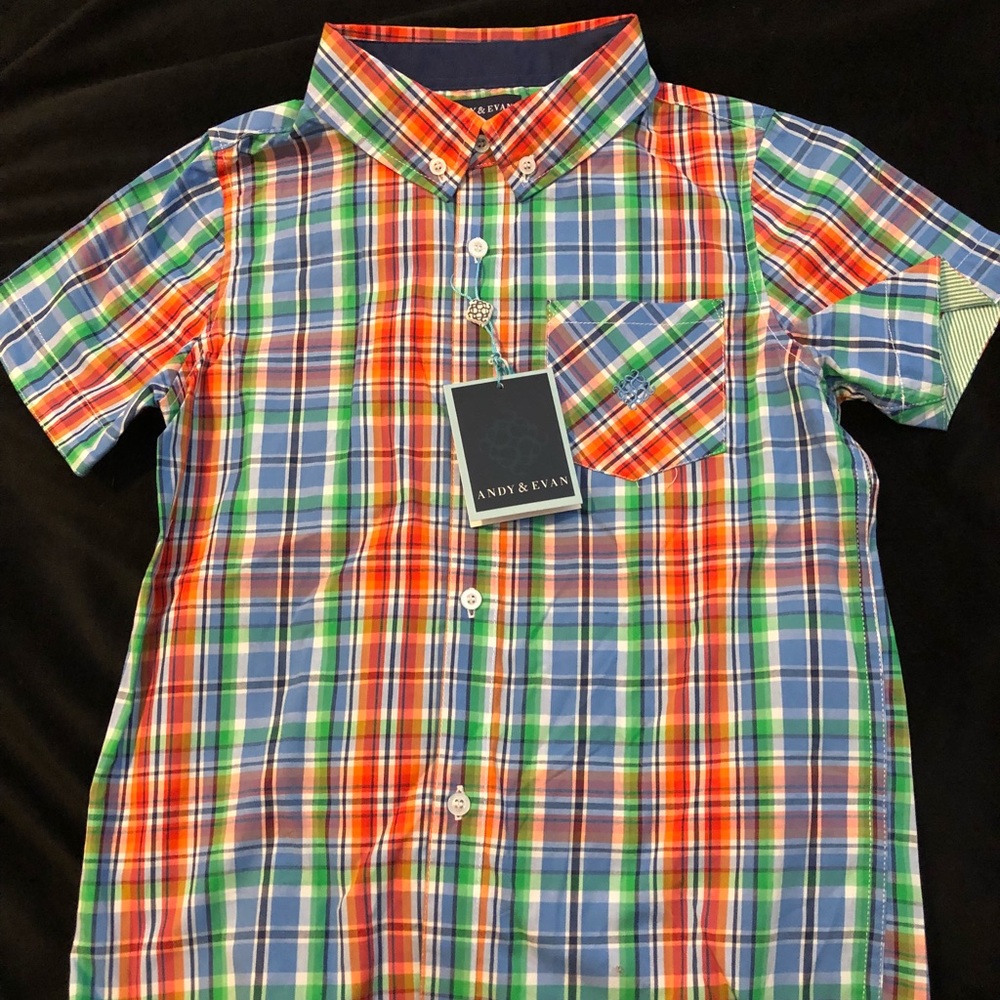 Andy & Evan Boys Plaid Madras Short Slv Shirt NWT